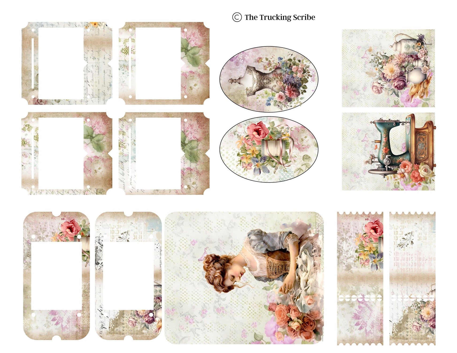 The Seamstress’s Diary: Chronicles of Creativity, Ephemera Pack, Vintage Sewing Junk Journal Kit, Tags, Tickets & Floral Sewing Elements