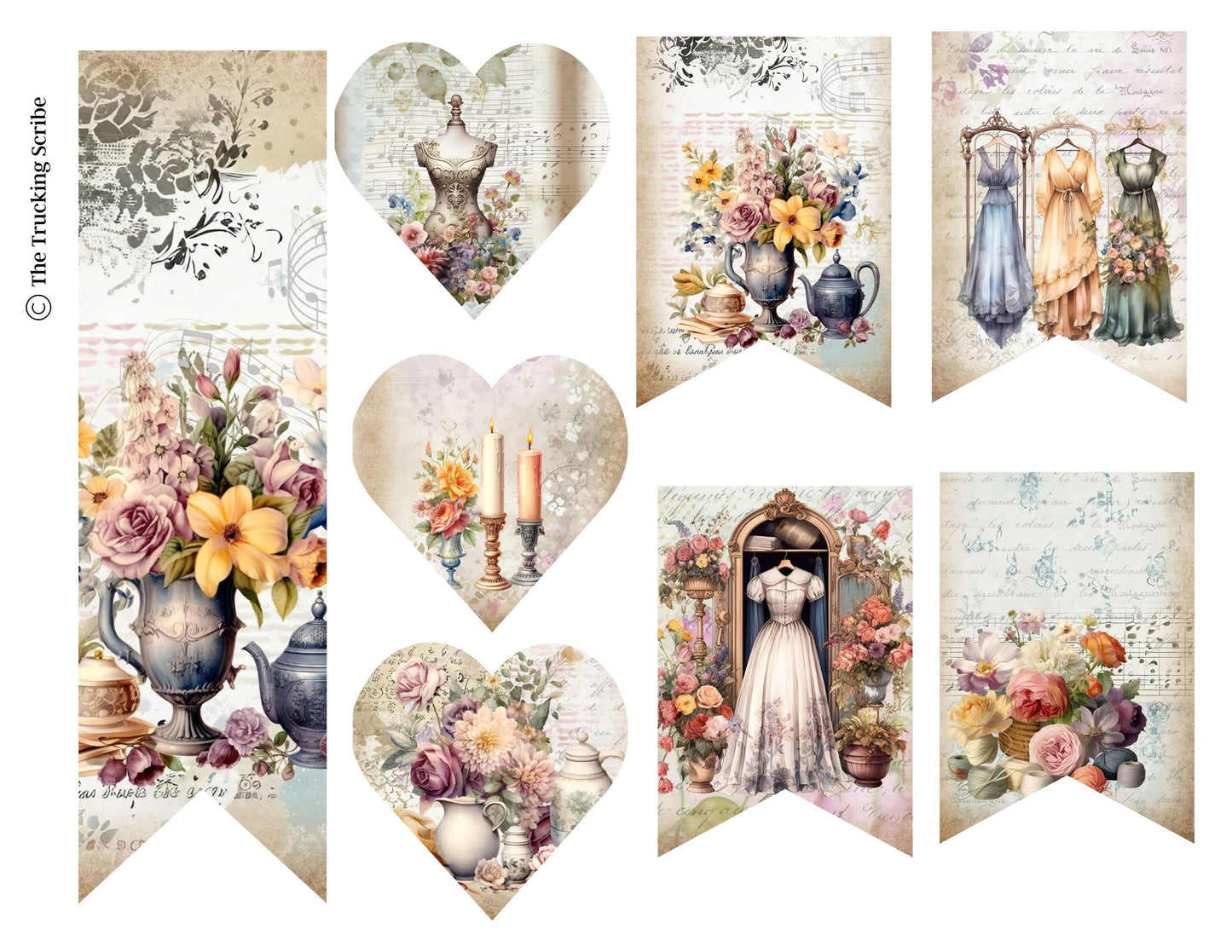 The Seamstress’s Diary: Chronicles of Creativity, Ephemera Pack, Vintage Sewing Junk Journal Kit, Tags, Tickets & Floral Sewing Elements