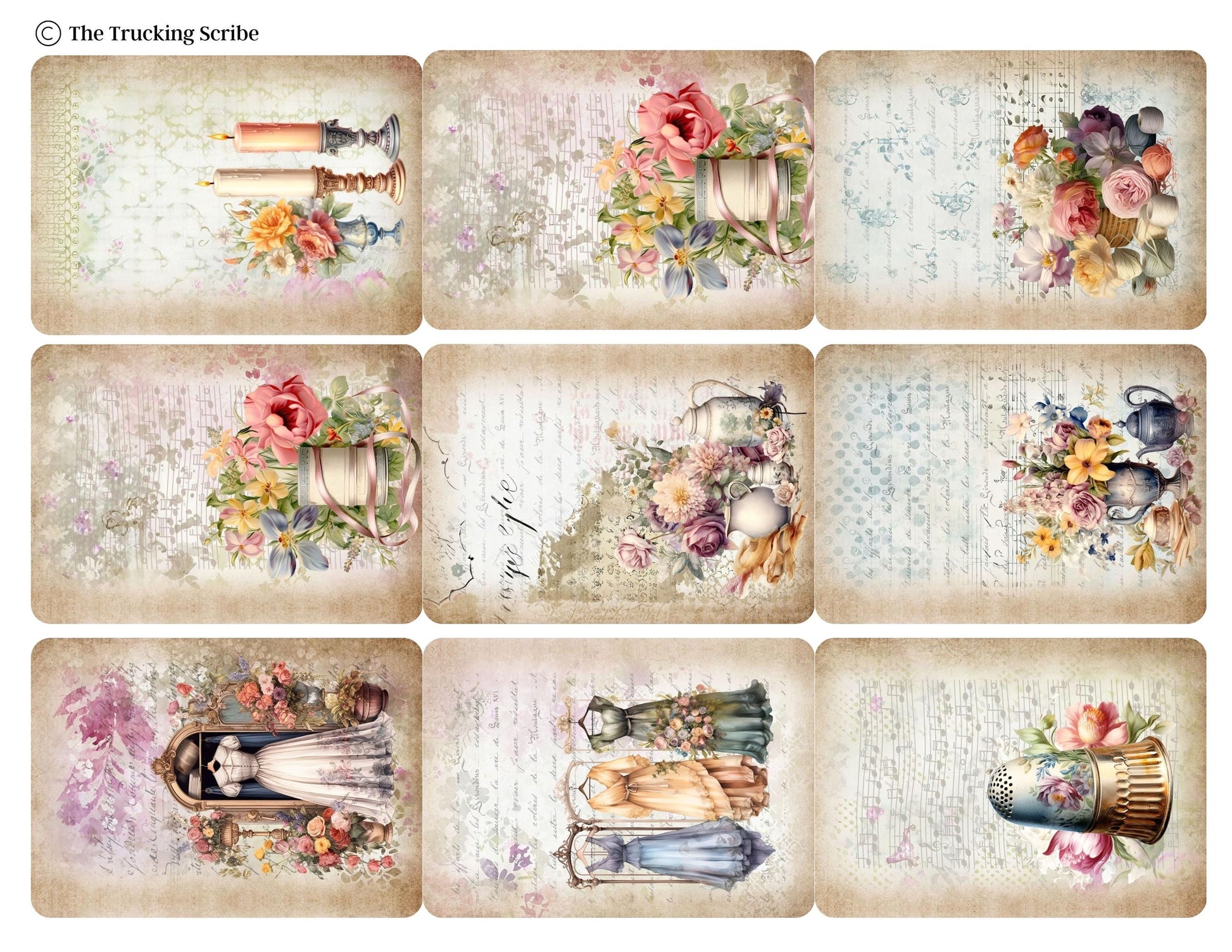 The Seamstress’s Diary: Chronicles of Creativity, Ephemera Pack, Vintage Sewing Junk Journal Kit, Tags, Tickets & Floral Sewing Elements