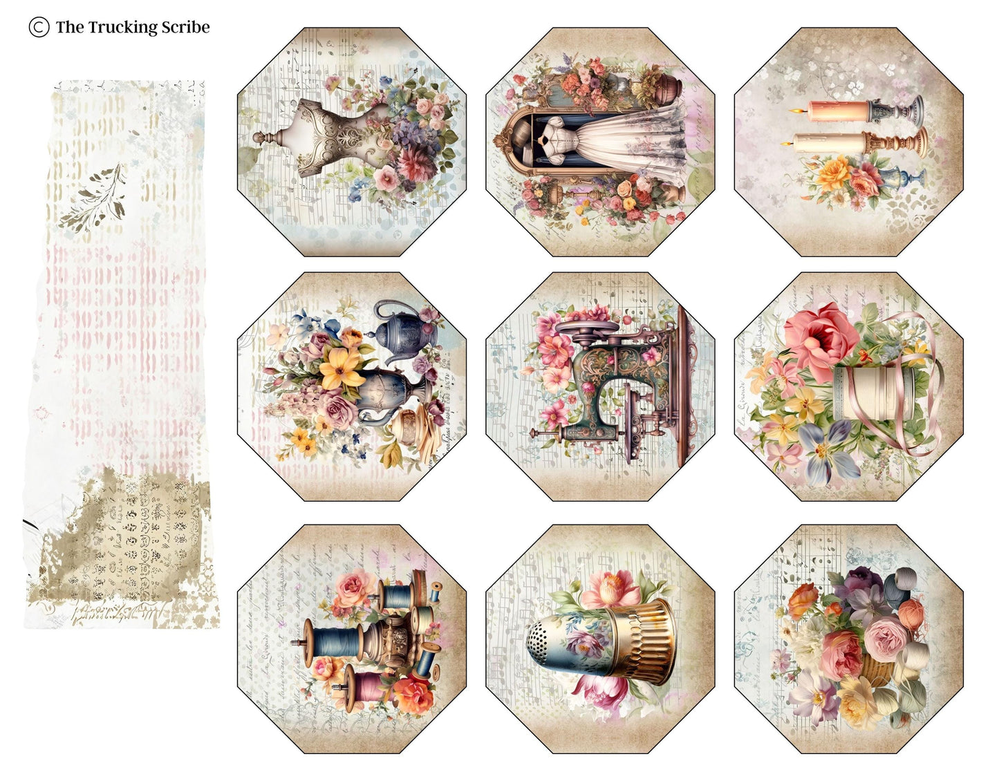 The Seamstress’s Diary: Chronicles of Creativity, Ephemera Pack, Vintage Sewing Junk Journal Kit, Tags, Tickets & Floral Sewing Elements