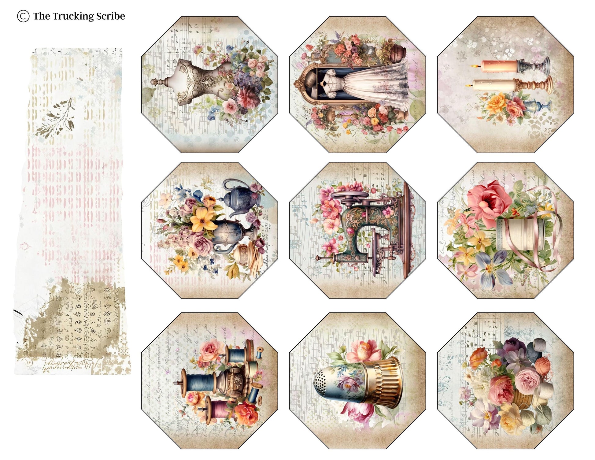 The Seamstress’s Diary: Chronicles of Creativity, Ephemera Pack, Vintage Sewing Junk Journal Kit, Tags, Tickets & Floral Sewing Elements