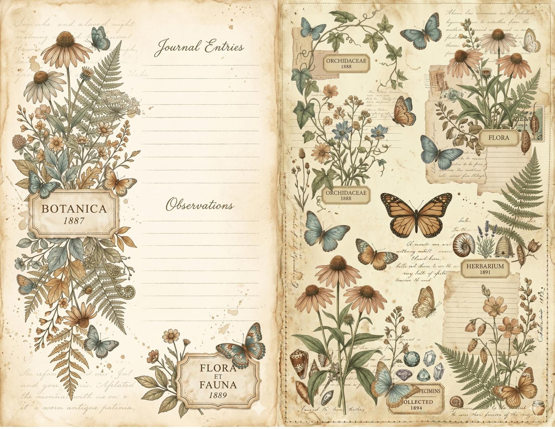 Victorian Naturalist Junk Journal Kit | Botanical Field Notes Printable | Vintage Ephemera Journal Pages | Instant Download Digital Kit