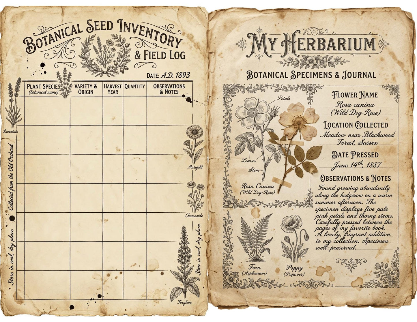 Victorian Naturalist Junk Journal Kit | Botanical Field Notes Printable | Vintage Ephemera Journal Pages | Instant Download Digital Kit