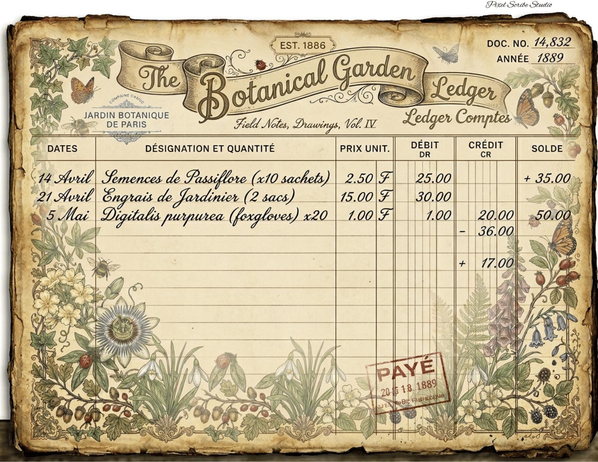 Vintage Botanical Bird Journal Pages Printable | Robin Blue Tit Nature Ephemera | Bee Butterfly Ledger Pages | Digital Download
