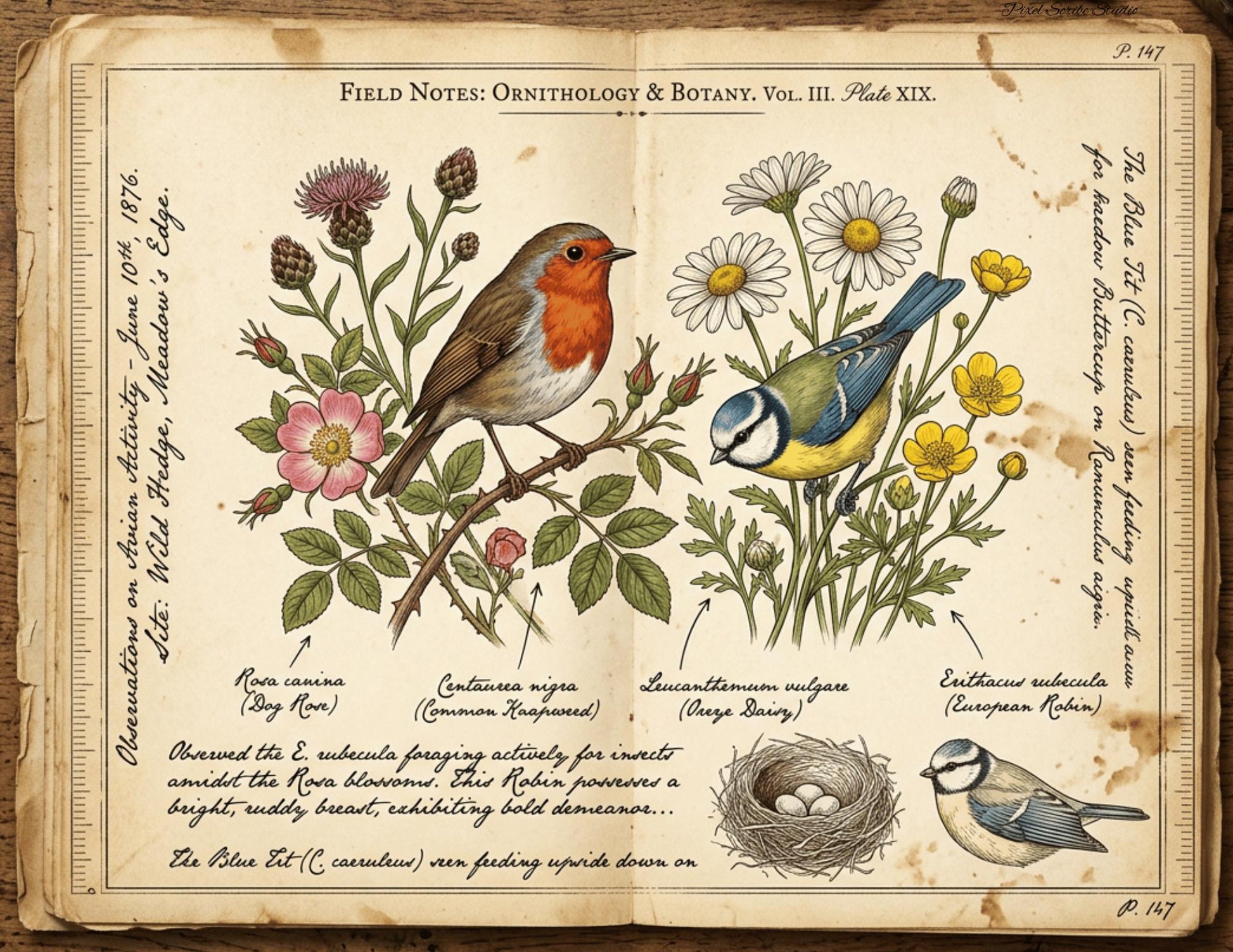 Vintage Botanical Bird Journal Pages Printable | Robin Blue Tit Nature Ephemera | Bee Butterfly Ledger Pages | Digital Download