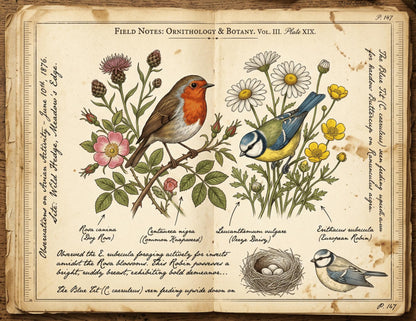 Vintage Botanical Bird Journal Pages Printable | Robin Blue Tit Nature Ephemera | Bee Butterfly Ledger Pages | Digital Download