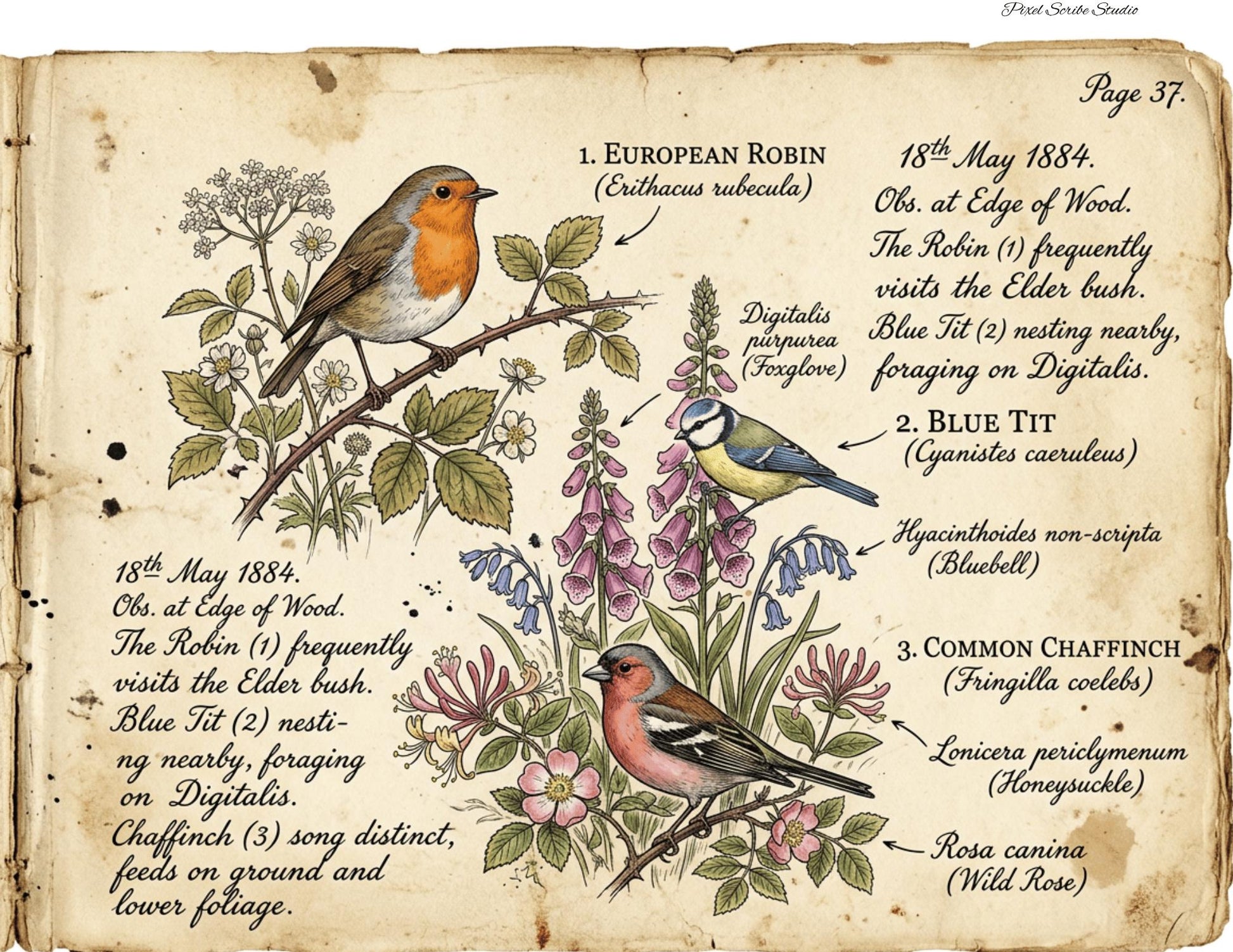 Vintage Botanical Bird Journal Pages Printable | Robin Blue Tit Nature Ephemera | Bee Butterfly Ledger Pages | Digital Download