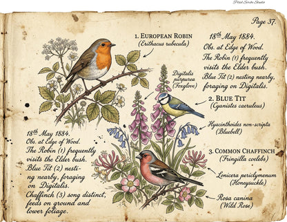 Vintage Botanical Bird Journal Pages Printable | Robin Blue Tit Nature Ephemera | Bee Butterfly Ledger Pages | Digital Download