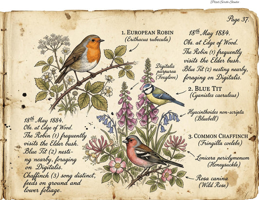 Vintage Botanical Bird Journal Pages Printable | Robin Blue Tit Nature Ephemera | Bee Butterfly Ledger Pages | Digital Download