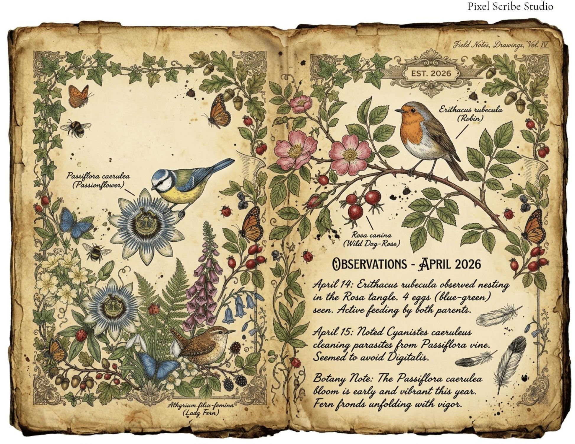 Vintage Botanical Bird Journal Pages Printable Kit, Nature Journal Pages, Rabbit Frog Snail Printable, Cottagecore Digital Download