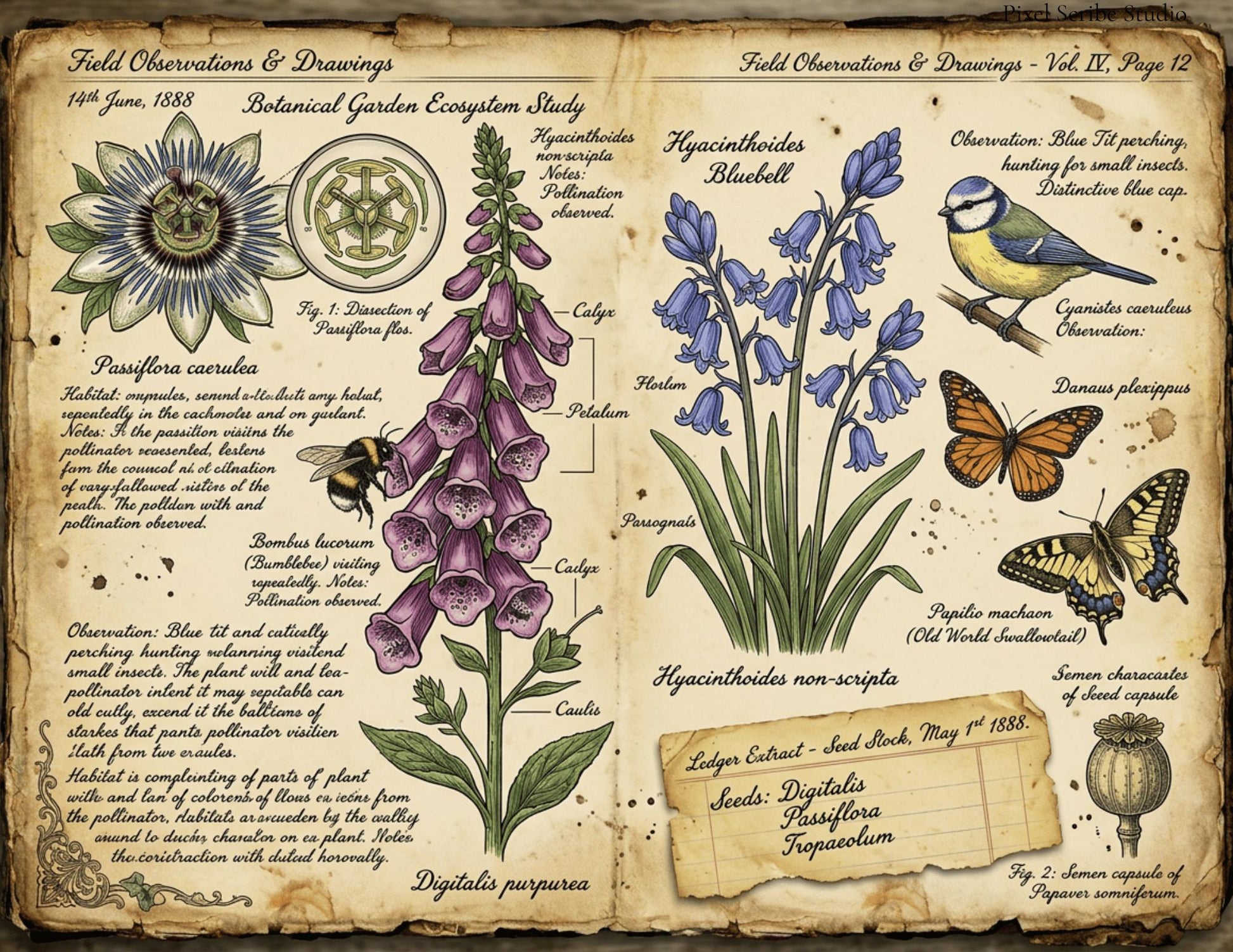 Vintage Botanical Bird Journal Pages Printable Kit, Nature Journal Pages, Rabbit Frog Snail Printable, Cottagecore Digital Download