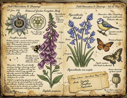Vintage Botanical Bird Journal Pages Printable Kit, Nature Journal Pages, Rabbit Frog Snail Printable, Cottagecore Digital Download