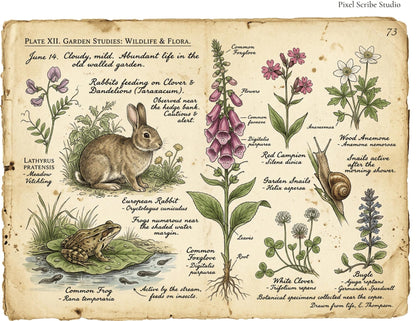Vintage Botanical Bird Journal Pages Printable Kit, Nature Journal Pages, Rabbit Frog Snail Printable, Cottagecore Digital Download