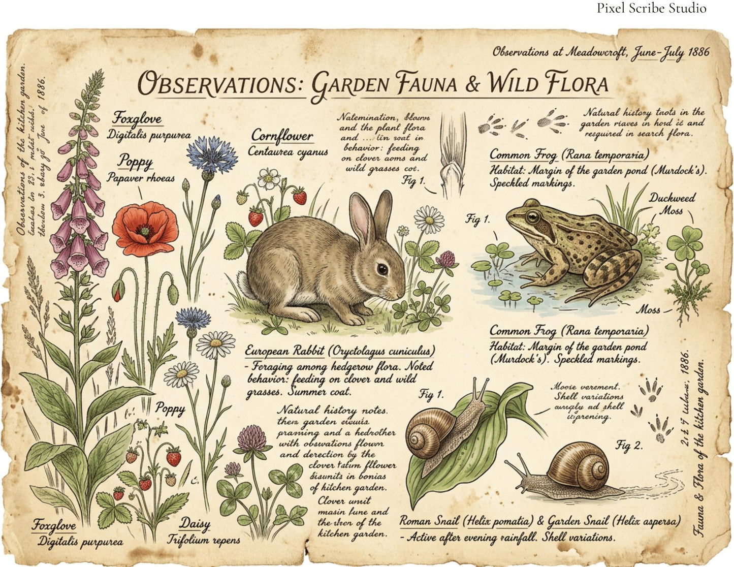 Vintage Botanical Bird Journal Pages Printable Kit, Nature Journal Pages, Rabbit Frog Snail Printable, Cottagecore Digital Download