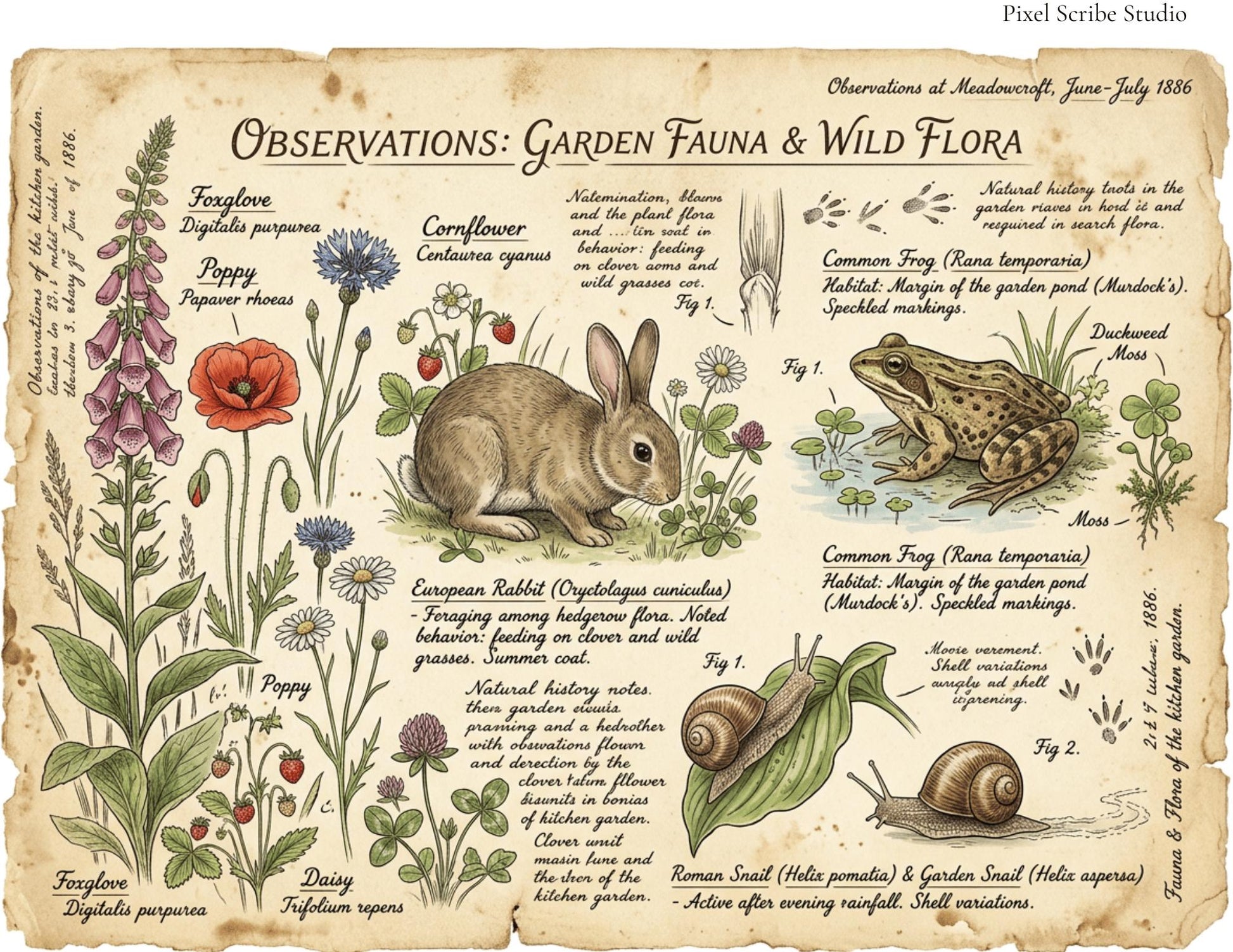 Vintage Botanical Bird Journal Pages Printable Kit, Nature Journal Pages, Rabbit Frog Snail Printable, Cottagecore Digital Download