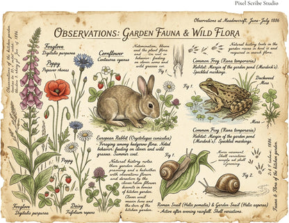 Vintage Botanical Bird Journal Pages Printable Kit, Nature Journal Pages, Rabbit Frog Snail Printable, Cottagecore Digital Download