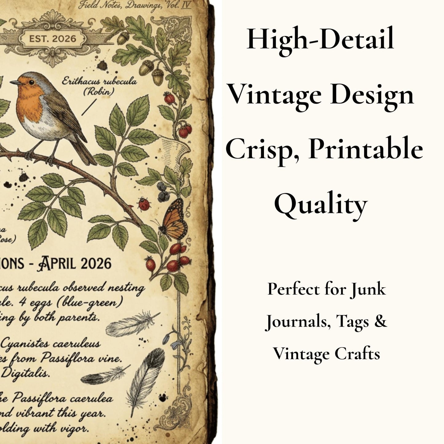 Vintage Botanical Bird Journal Pages Printable Kit, Nature Journal Pages, Rabbit Frog Snail Printable, Cottagecore Digital Download