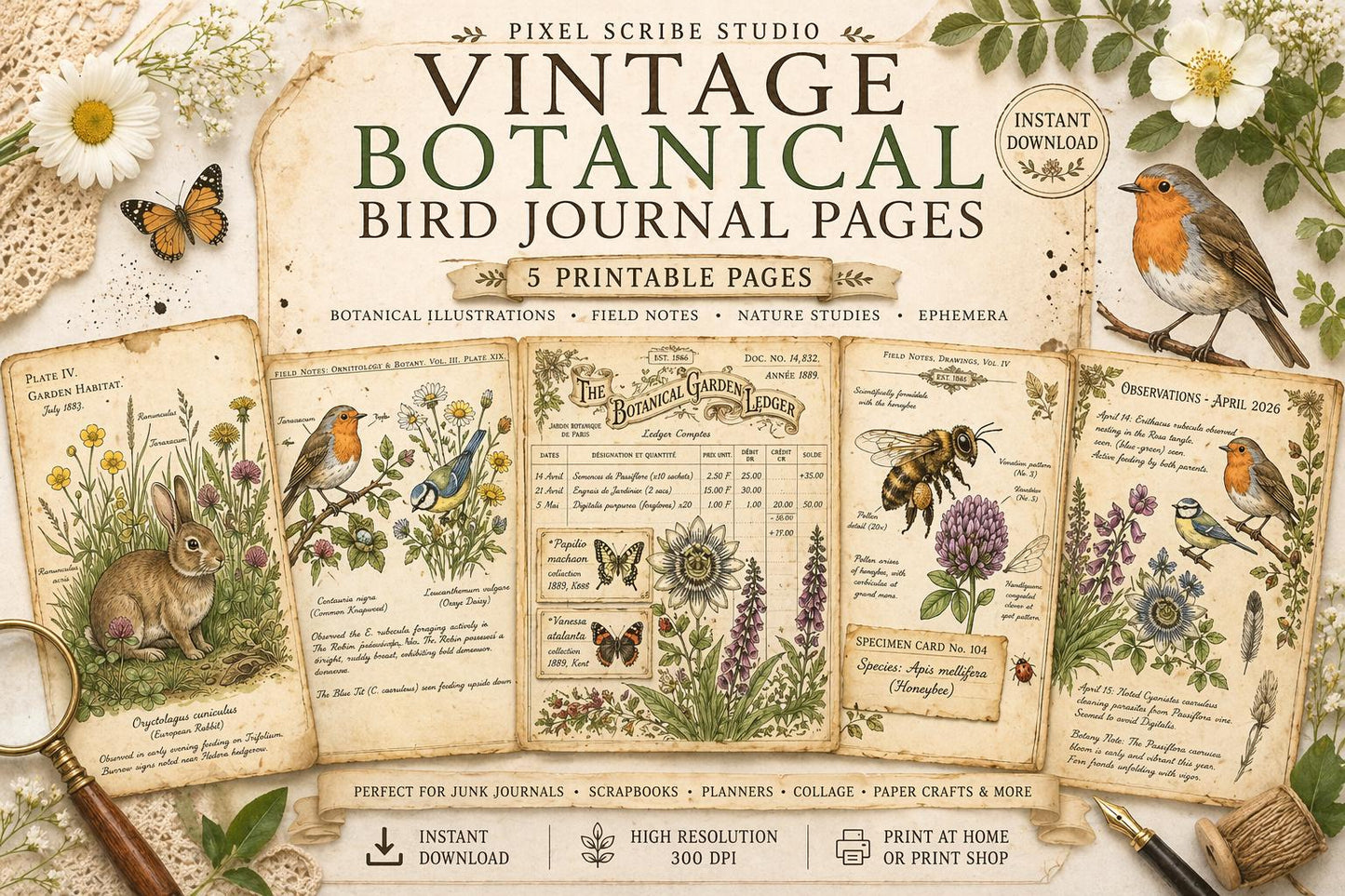 Vintage Botanical Bird Journal Pages Printable Kit, Nature Journal Pages, Rabbit Frog Snail Printable, Cottagecore Digital Download