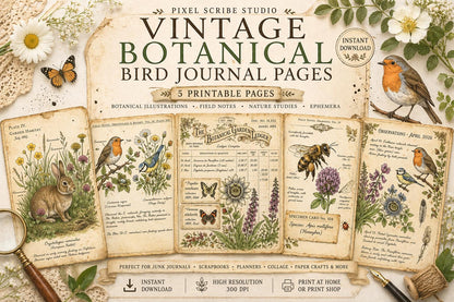 Vintage Botanical Bird Journal Pages Printable Kit, Nature Journal Pages, Rabbit Frog Snail Printable, Cottagecore Digital Download