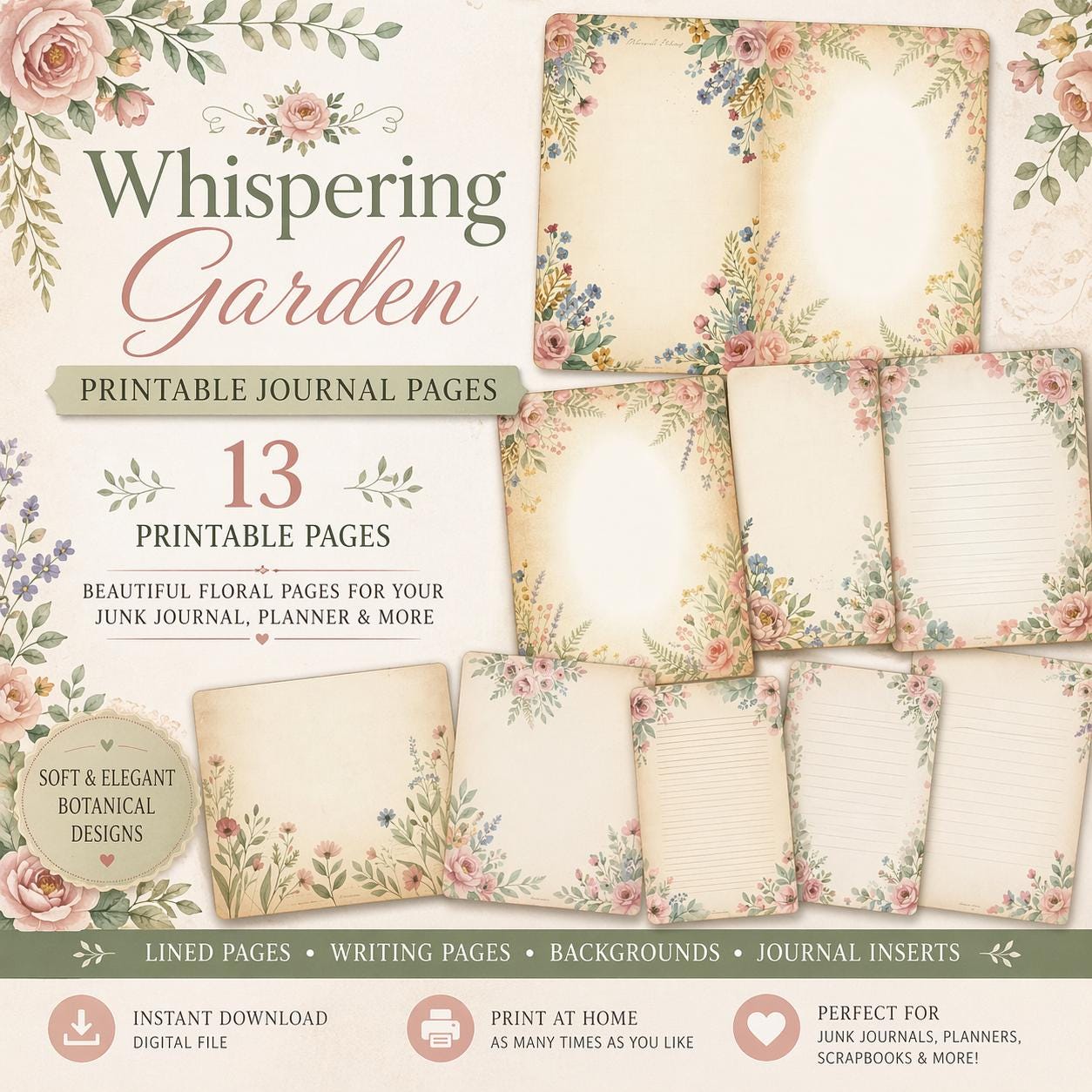 Whispering Garden Printable Journal Pages | 13 Floral Background Pages | Junk Journal Inserts | Planner Pages | Sage Rose Digital Kit