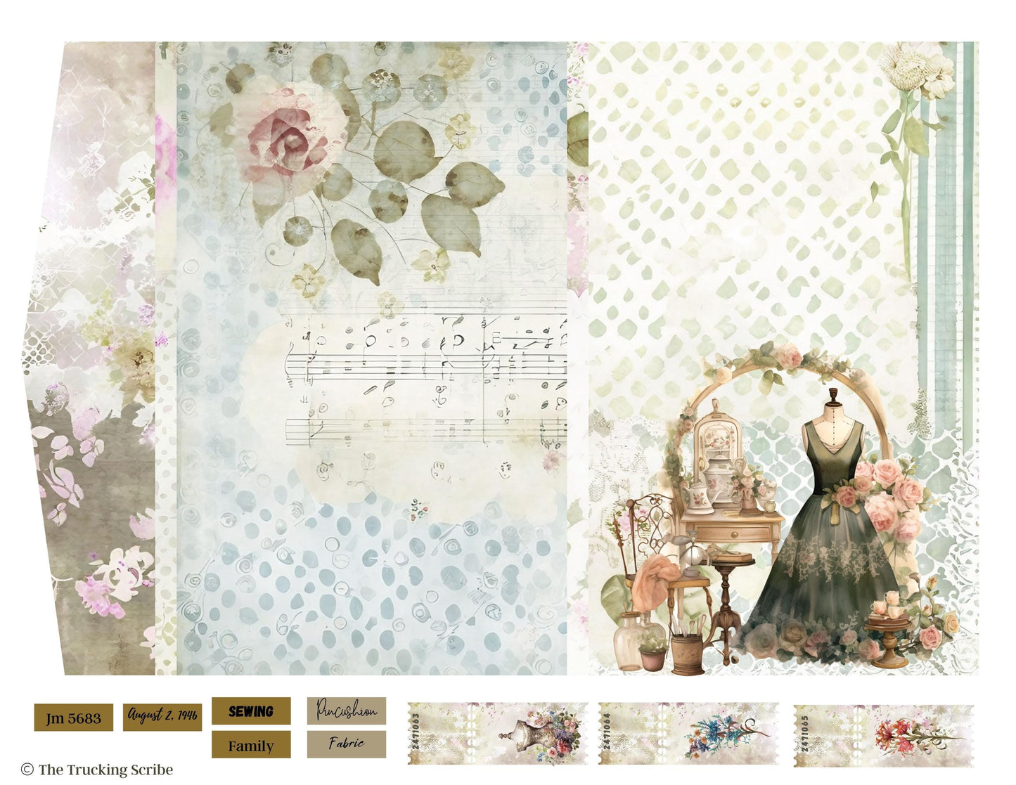 Seamstress’s Diary Folio Kit | 8 Page Printable Junk Journal Kit | Vintage Sewing Ephemera | Tags, Pockets Labels