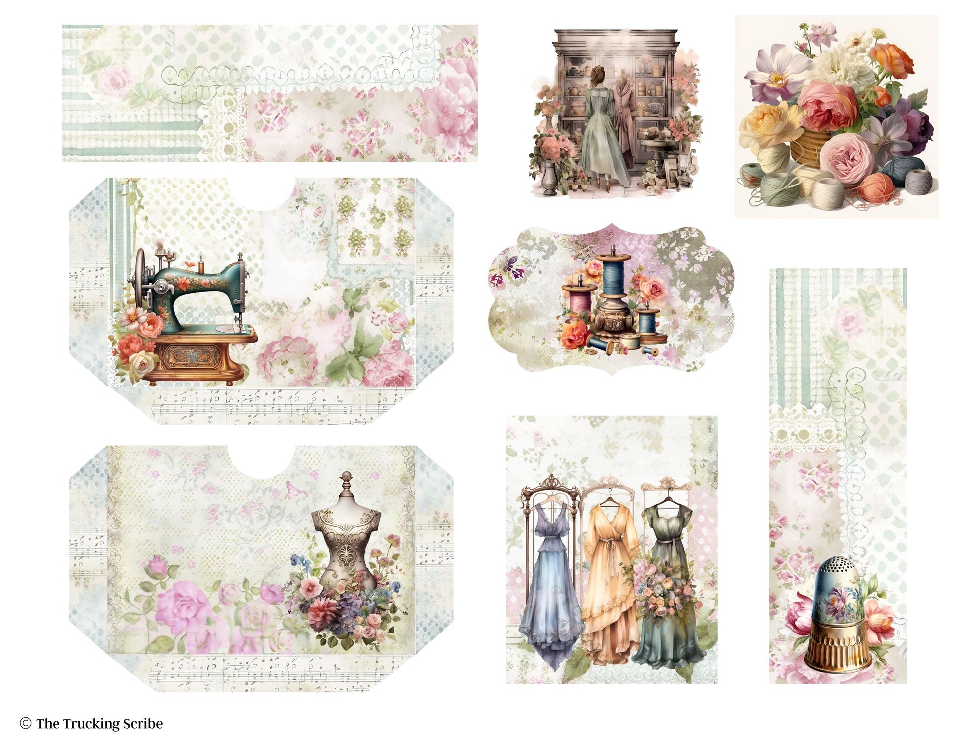 Seamstress’s Diary Folio Kit | 8 Page Printable Junk Journal Kit | Vintage Sewing Ephemera | Tags, Pockets Labels