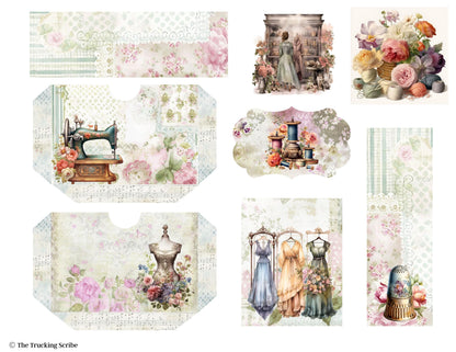 Seamstress’s Diary Folio Kit | 8 Page Printable Junk Journal Kit | Vintage Sewing Ephemera | Tags, Pockets Labels