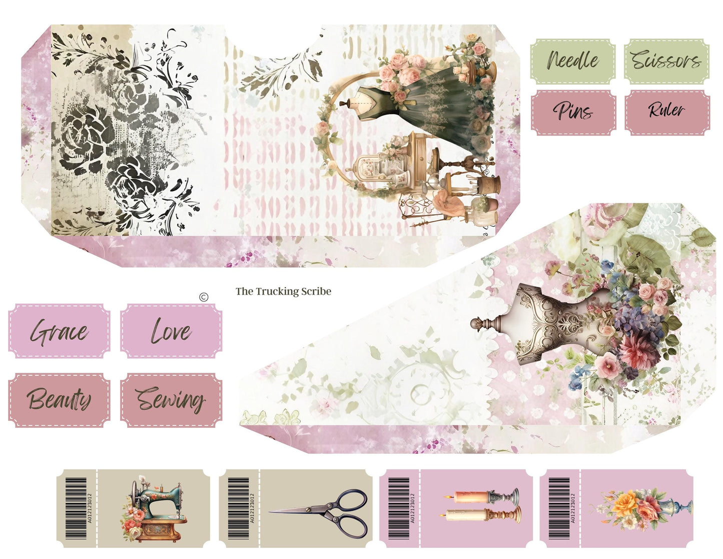 Seamstress’s Diary Folio Kit | 8 Page Printable Junk Journal Kit | Vintage Sewing Ephemera | Tags, Pockets Labels