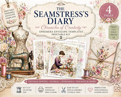 The Seamstress’s Diary Ephemera Envelope Templates | Sewing Junk Journal Kit | Printable Folio Pages | Instant Download | 4 Pages