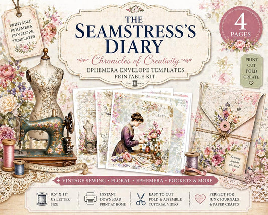 The Seamstress’s Diary Ephemera Envelope Templates | Sewing Junk Journal Kit | Printable Folio Pages | Instant Download | 4 Pages