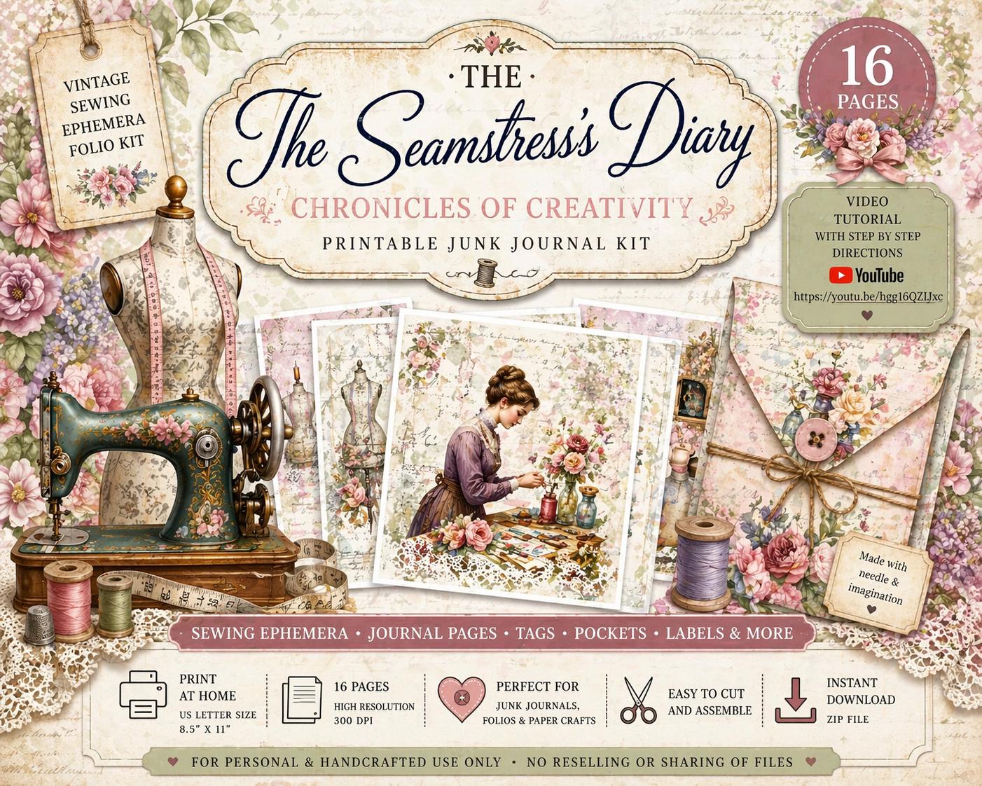 The Seamstress’s Diary Printable Junk Journal Kit | Vintage Sewing Ephemera Folio | 16 Page Digital Download | Tags Pockets Journal Pages