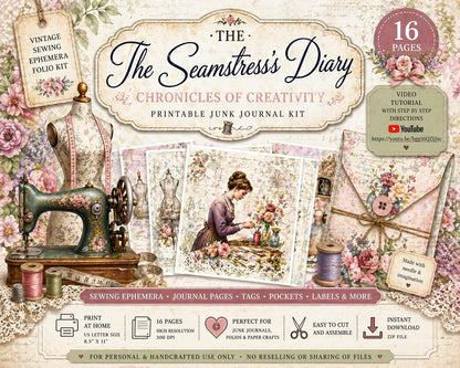 The Seamstress’s Diary Printable Junk Journal Kit | Vintage Sewing Ephemera Folio | 16 Page Digital Download | Tags Pockets Journal Pages