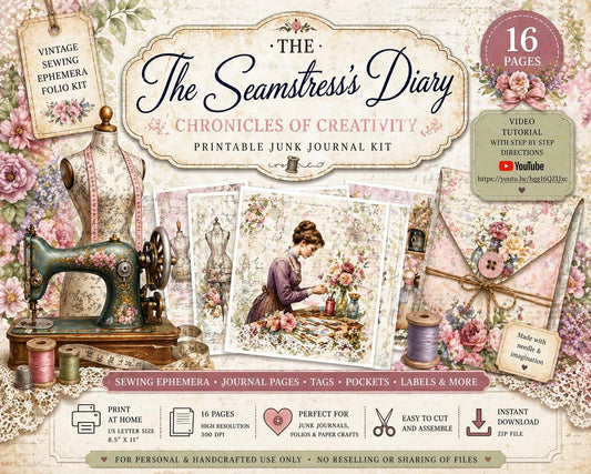 The Seamstress’s Diary Printable Junk Journal Kit | Vintage Sewing Ephemera Folio | 16 Page Digital Download | Tags Pockets Journal Pages