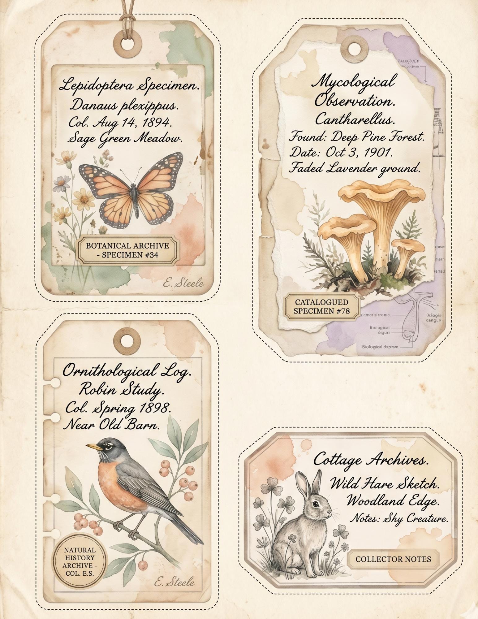 Peach & Sage Botanical Labels Tags | 5 Printable Pages | Vintage Junk Journal Ephemera Specimen Labels