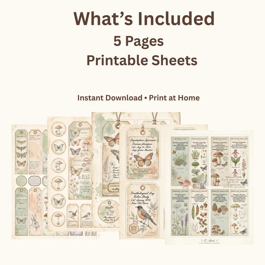 Peach & Sage Botanical Labels Tags | 5 Printable Pages | Vintage Junk Journal Ephemera Specimen Labels