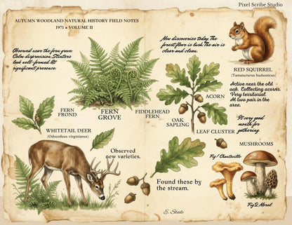 Field Notes Woodland Natural History Vol II Printable Junk Journal Pages, Vintage Woodland Ephemera, Nature Journal, Botanical Papers