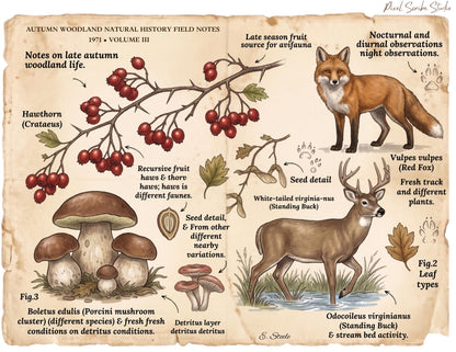 Autumn Woodland Field Notes Volume III Printable Pages | Woodland Junk Journal Kit | Vintage Nature Ephemera