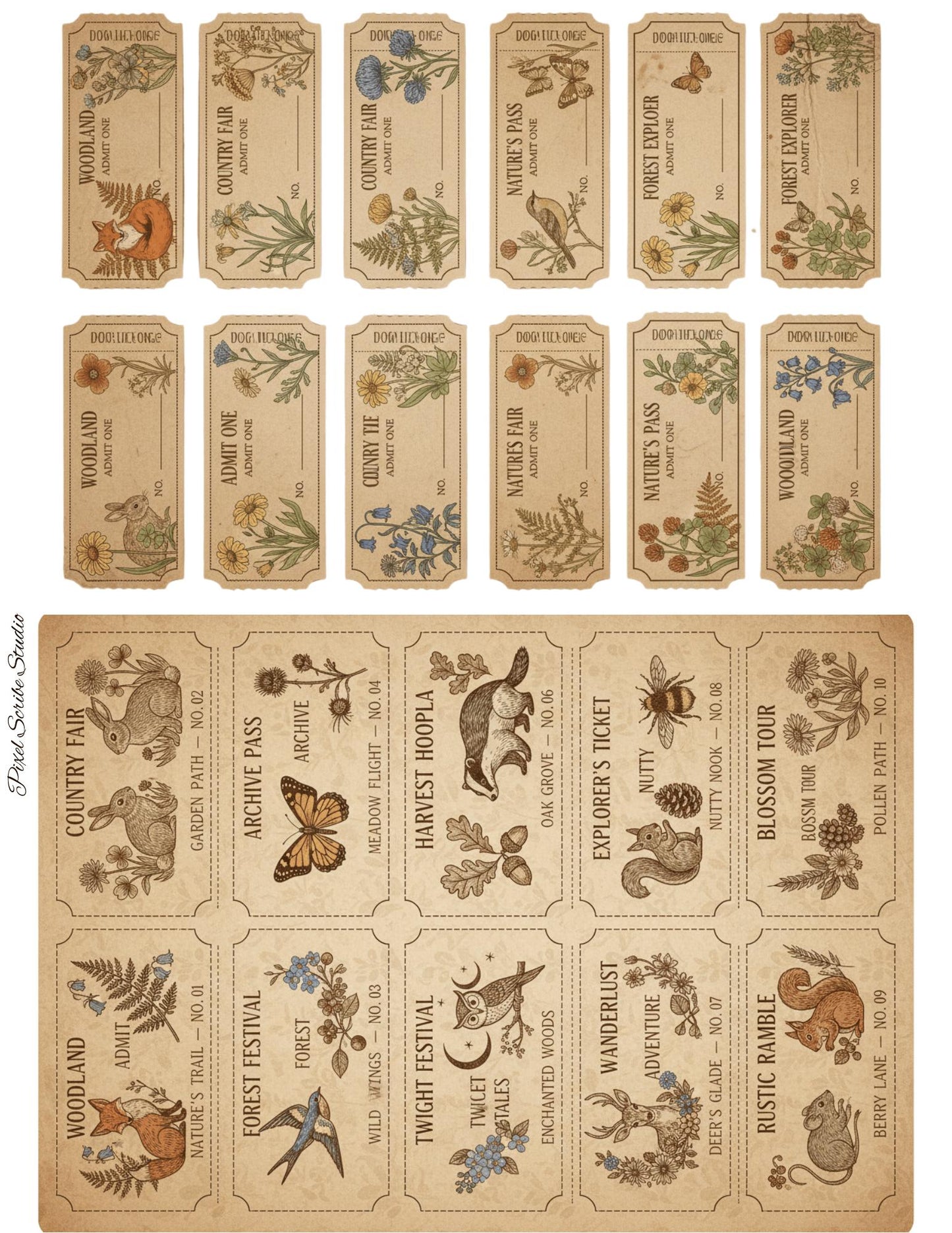 Woodland Archives Printable Ephemera Kit | Vintage Forest Junk Journal Bundle | Woodland Animals Tags Tickets Cards Bookmarks Pillow Box