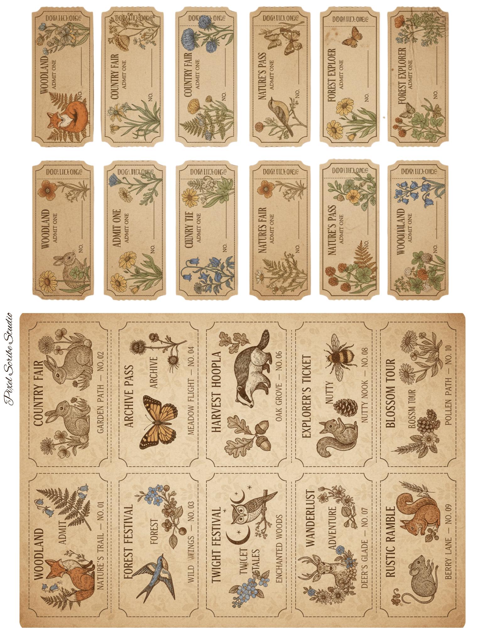 Woodland Archives Printable Ephemera Kit | Vintage Forest Junk Journal Bundle | Woodland Animals Tags Tickets Cards Bookmarks Pillow Box