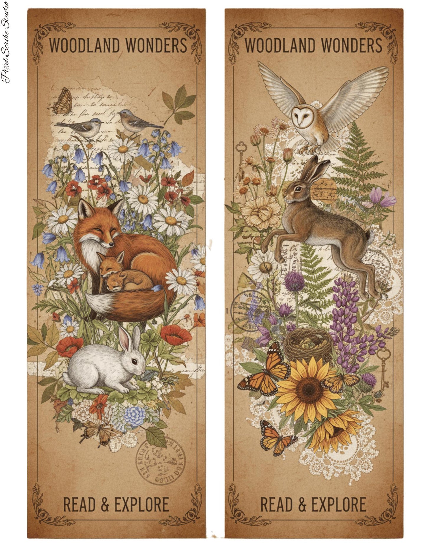 Woodland Archives Printable Ephemera Kit | Vintage Forest Junk Journal Bundle | Woodland Animals Tags Tickets Cards Bookmarks Pillow Box