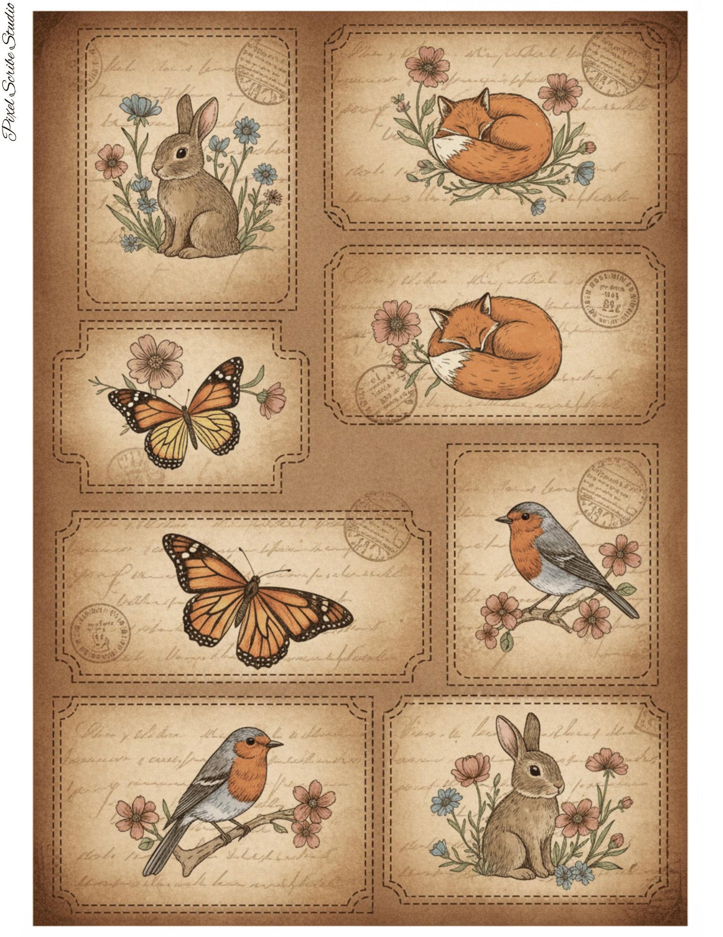 Woodland Archives Printable Ephemera Kit | Vintage Forest Junk Journal Bundle | Woodland Animals Tags Tickets Cards Bookmarks Pillow Box