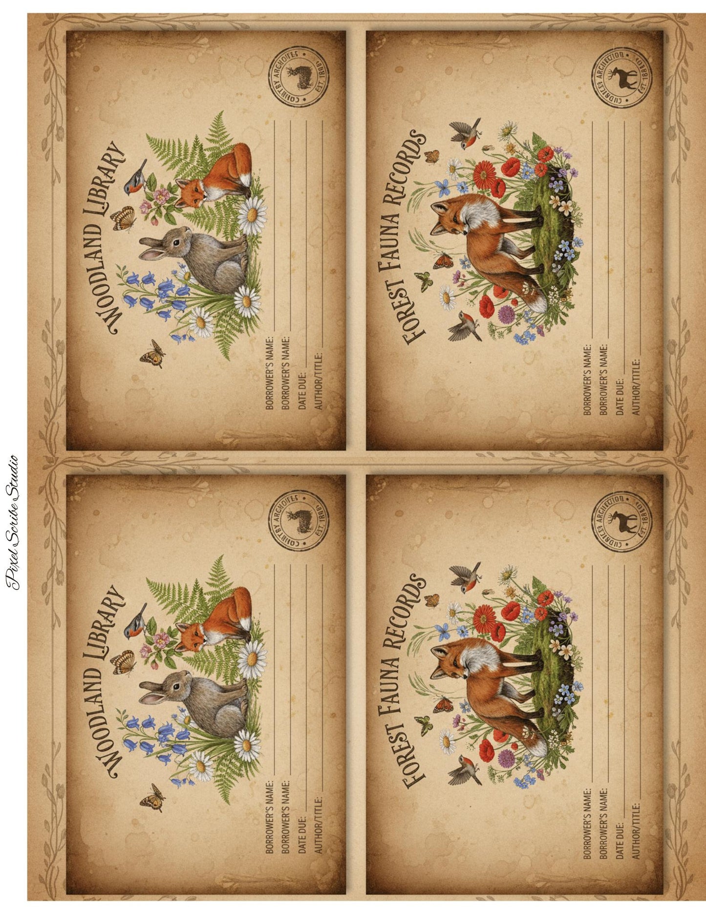 Woodland Journal Printable Kit | Vintage Forest Ephemera Set | Junk Journal Cards Tags Bookmarks Library Cards
