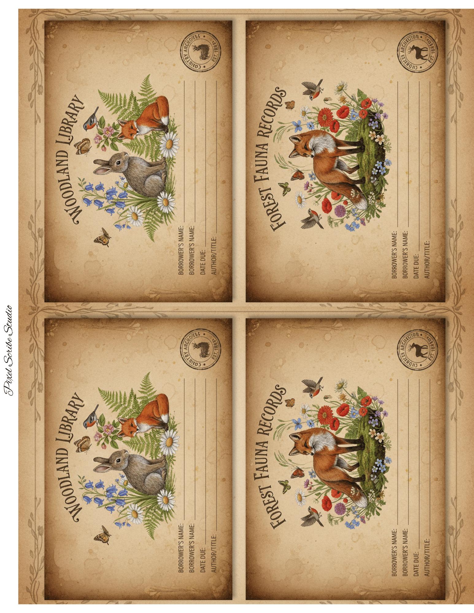 Woodland Journal Printable Kit | Vintage Forest Ephemera Set | Junk Journal Cards Tags Bookmarks Library Cards