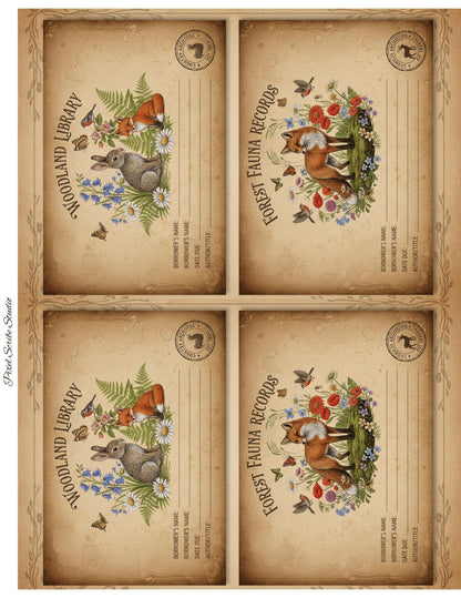 Woodland Journal Printable Kit | Vintage Forest Ephemera Set | Junk Journal Cards Tags Bookmarks Library Cards