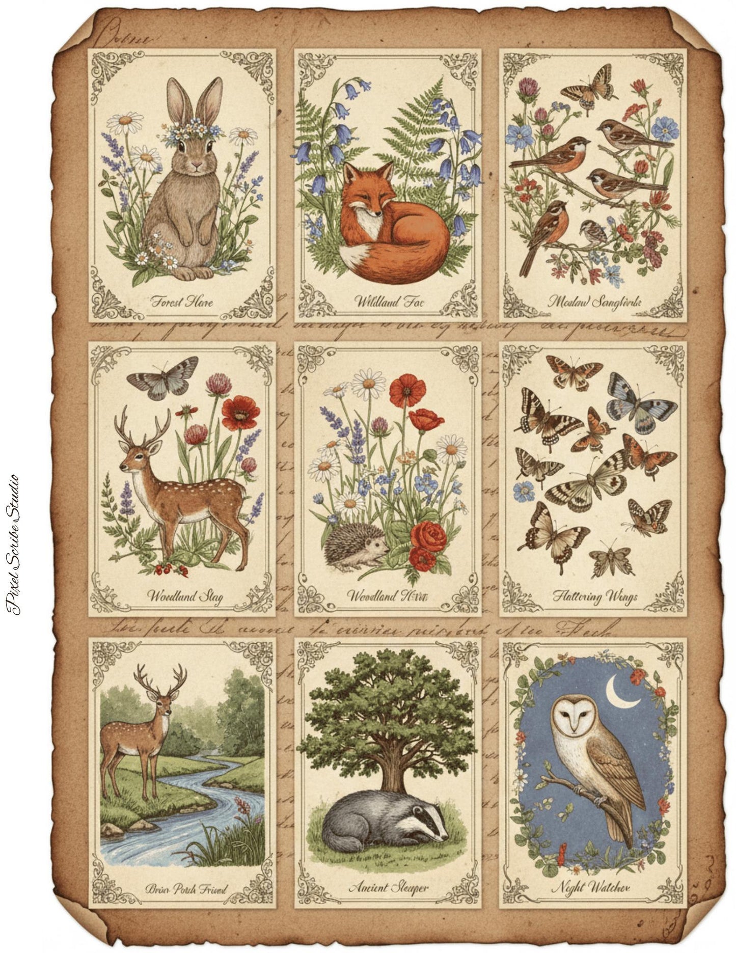 Woodland Journal Printable Kit | Vintage Forest Ephemera Set | Junk Journal Cards Tags Bookmarks Library Cards