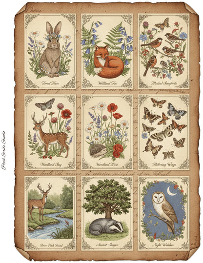 Woodland Journal Printable Kit | Vintage Forest Ephemera Set | Junk Journal Cards Tags Bookmarks Library Cards