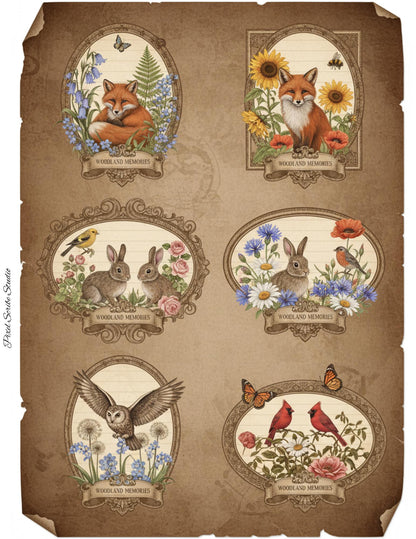 Woodland Wonders Printable Kit | Vintage Forest Journal Ephemera | Bookmarks Cards Tickets Tags