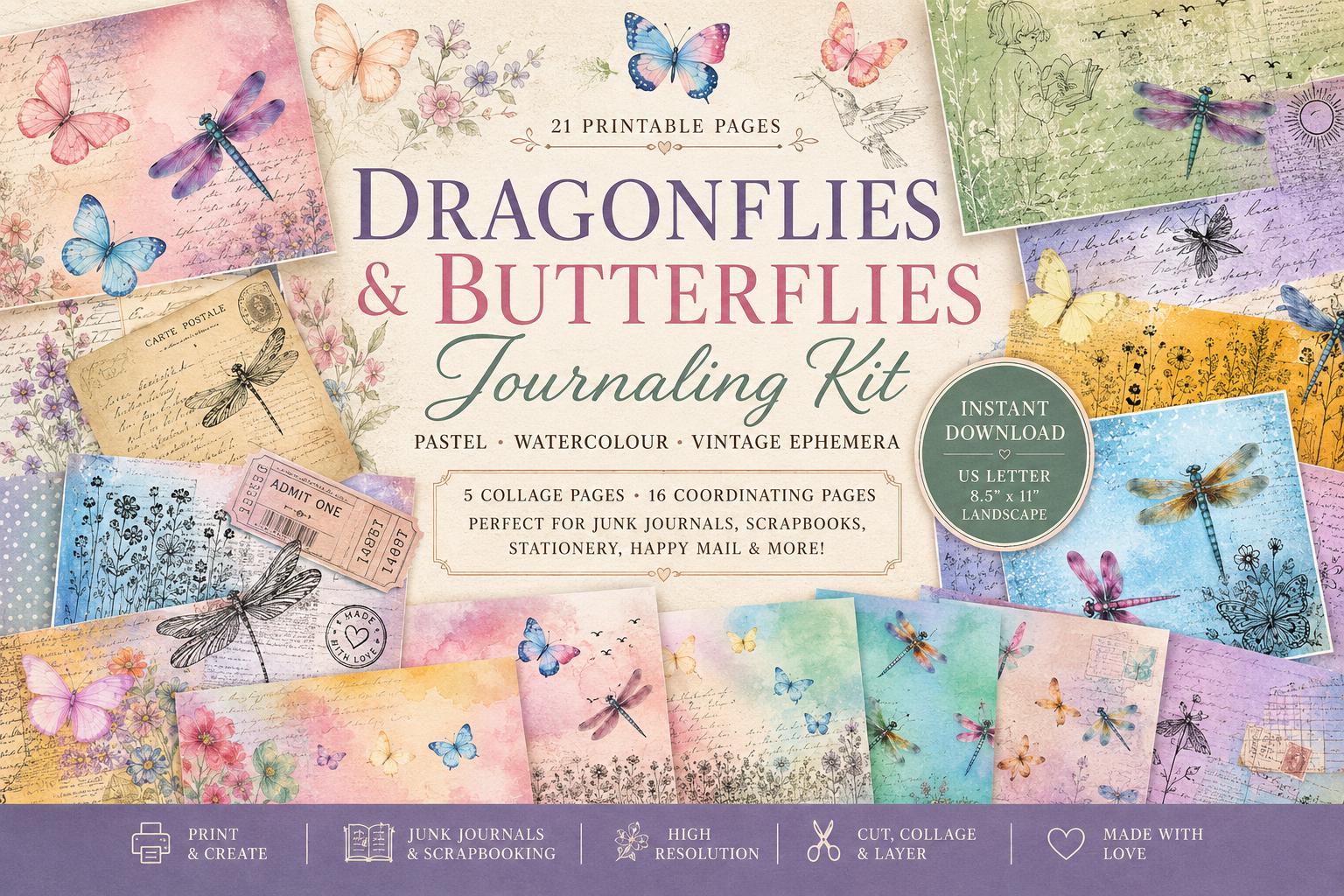 Whispering Wings Journal Kit | Dragonfly & Butterfly Printable Pages