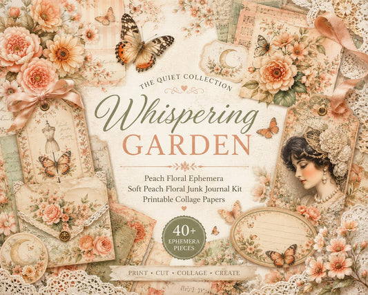Whispering Garden – The Quiet Collection | Peach Floral Junk Journal Kit, Soft Botanical Ephemera & Printable Collage Papers