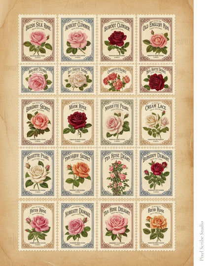 Victorian Rose Seed Packets Printable, 7 Page Junk Journal Kit, 60+ Vintage Floral Ephemera